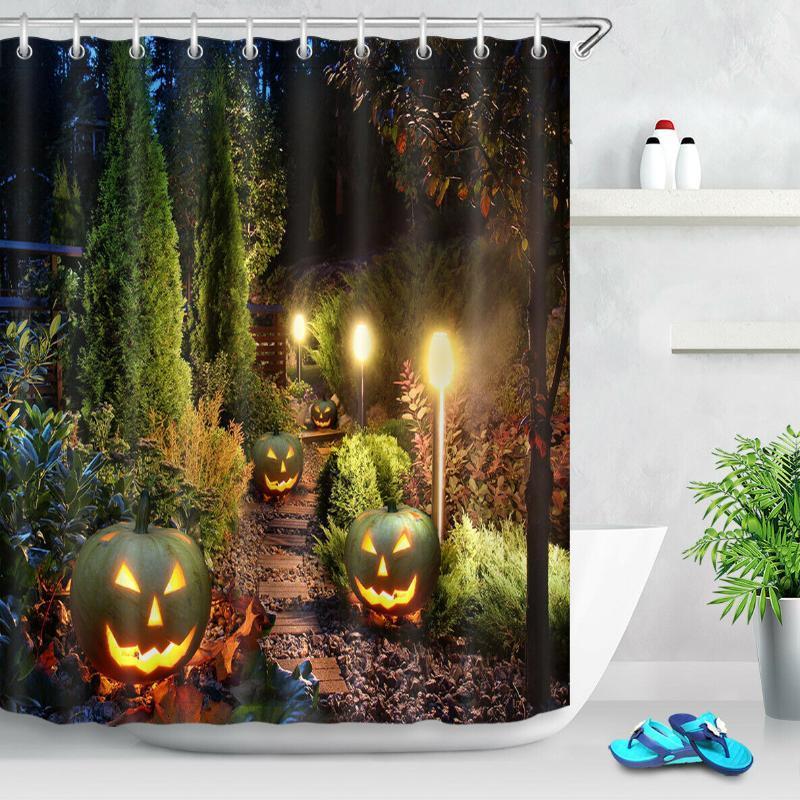 

Halloween Night Shower Curtain Hooks Waterproof Forest Road Pumpkin Lantern1