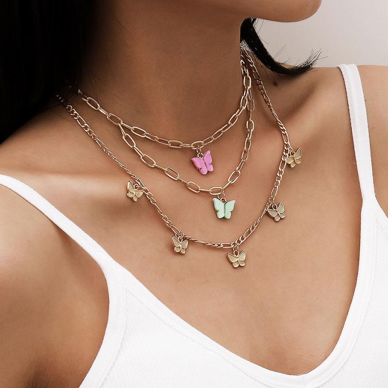 

Vintage Fashion Acrylic Alloy Butterfly Pendant Necklace Women Punk Geometric Multilayer Thick Chains Choker Necklaces Jewelry