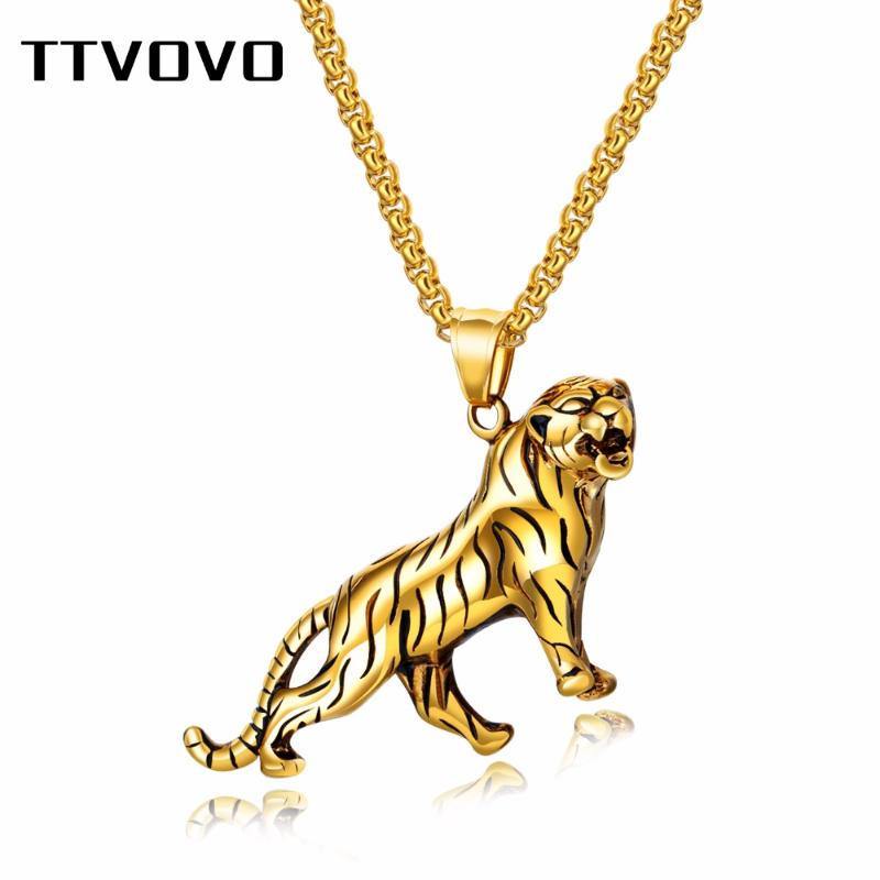 

TTVOVO Gothic Punk Men Tiger Pendant Necklaces for Boys Gold/Silver Color Stainless Steel Punk Rock Male Hip Hop Animal Jewelry