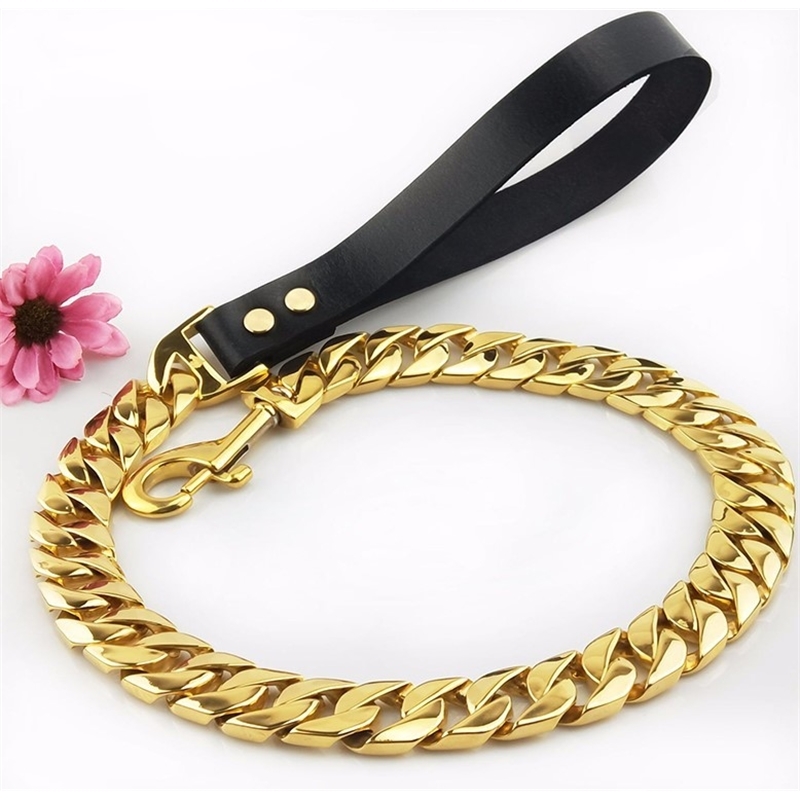 

Dog Leash Pet Collar Lead Stainless Steel Super Strong Gold Collar Chain Customized 32mm Bulldog Pitbull Large Dog Collar Leash 201125