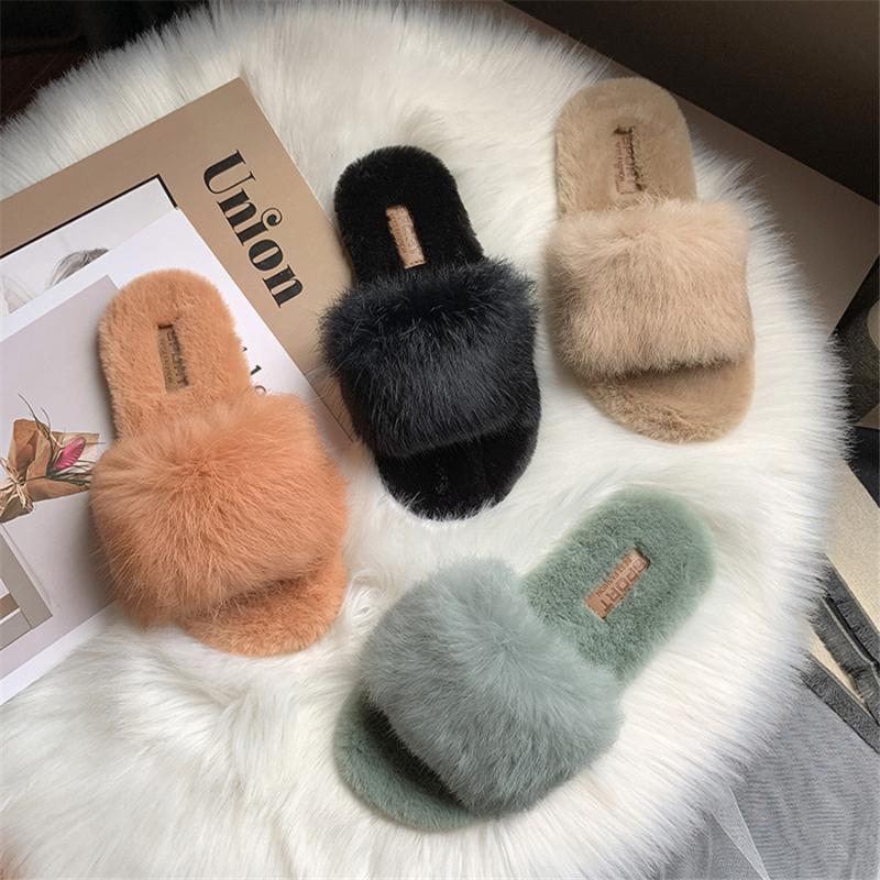 

Winter 2020 Solid Cute Soft Warm Furry Women Slippers Solid Outdoor All Match Simple Furry Women Shoes Bottoms Womens, Black