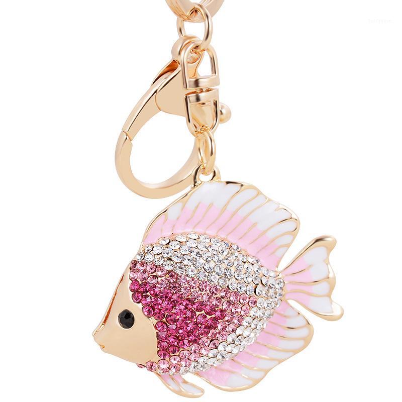 

New creative small goldfish metal keychain crystal fish car key chain rhinestone cute fish bag pendant key ring1