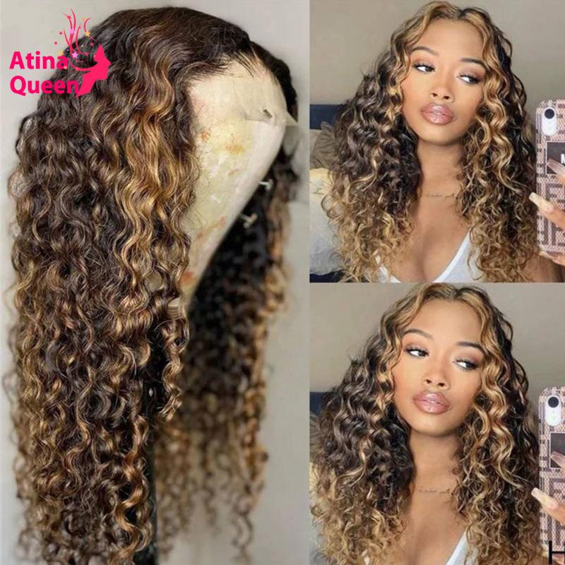

Deep Part Curly Omber Honey Blonde HD Transparent Lace Wig Highlight Glueless Colored Brazilian Human Hair Wig Bounce Culrs Remy, As pic