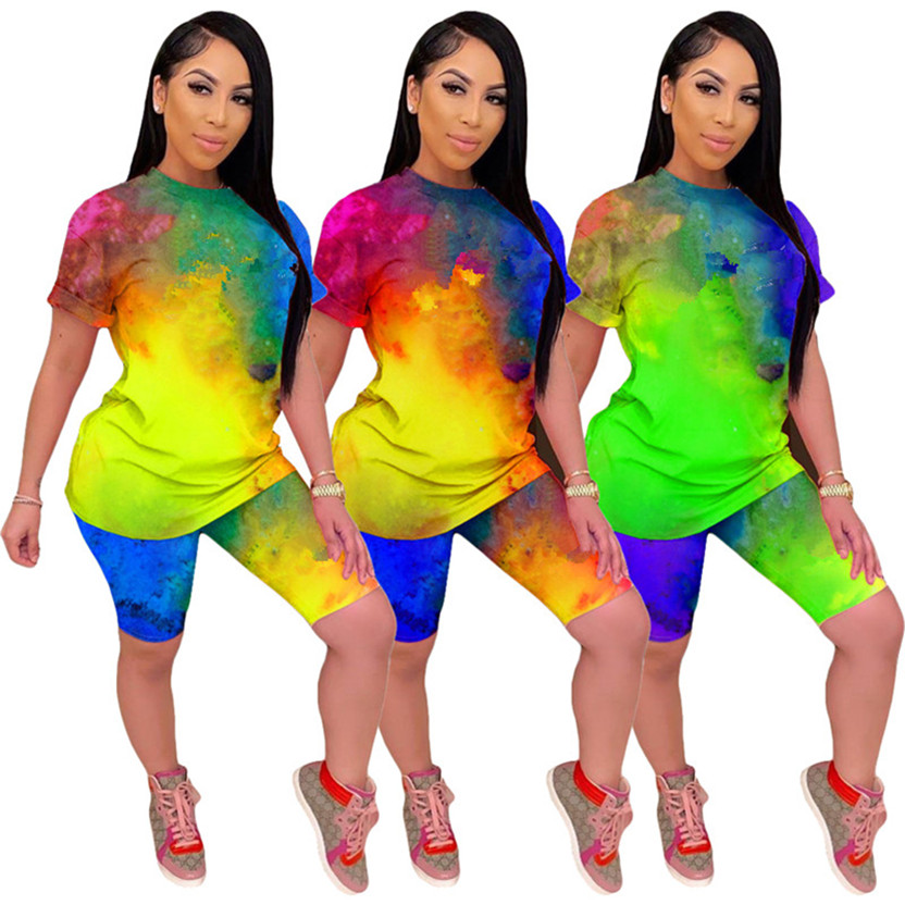 

Plus size 2X Summer clothing women sportswear two piece set tie dye outfits letter sweatsuits short sleeve T-shirt shorts jogger suit 3029, Mix color
