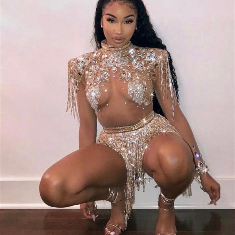 

Shining Big Crystals Mesh Sexy Bodysuit Sparkly Rhinestones Chains Fringes Outfit Nightclub Party Wear See Through Costume Y200824, Bottom no fringe