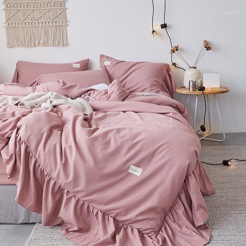 

36 Pink White Beige princess Ruffles Polyester Girl Bedding Set Duvet Cover Bed sheet Fitted Sheet Pillowcases1
