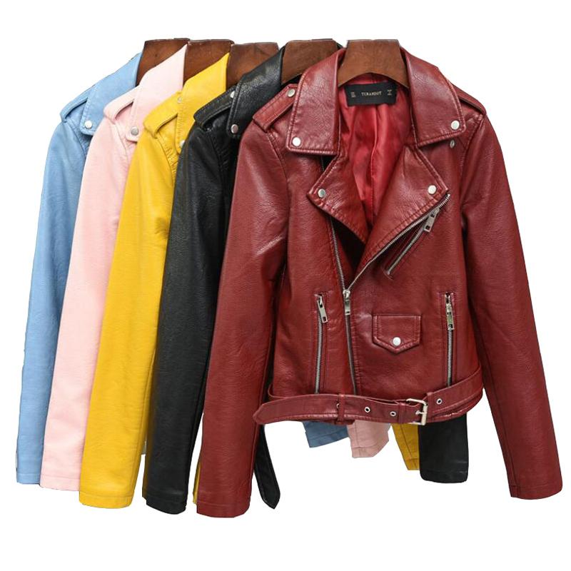 

2020 spring Autumn Women PU Leather Jackets Lady Slim Fit Motorcycle Zipper Coat wine red blue pink costs lady fashion with belt, Black
