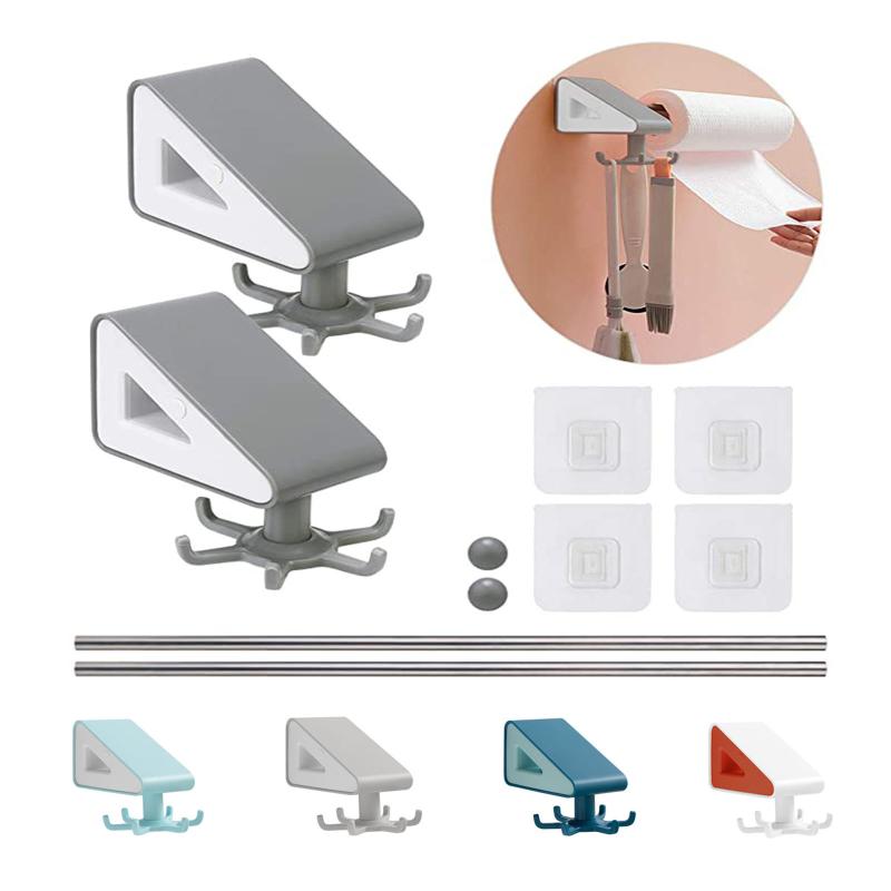 

2PC Multi-Functional Holder Towel and Paper Towel Holder Wall Mounted Kitchen 360°Rotating with Hook Utensil#T2