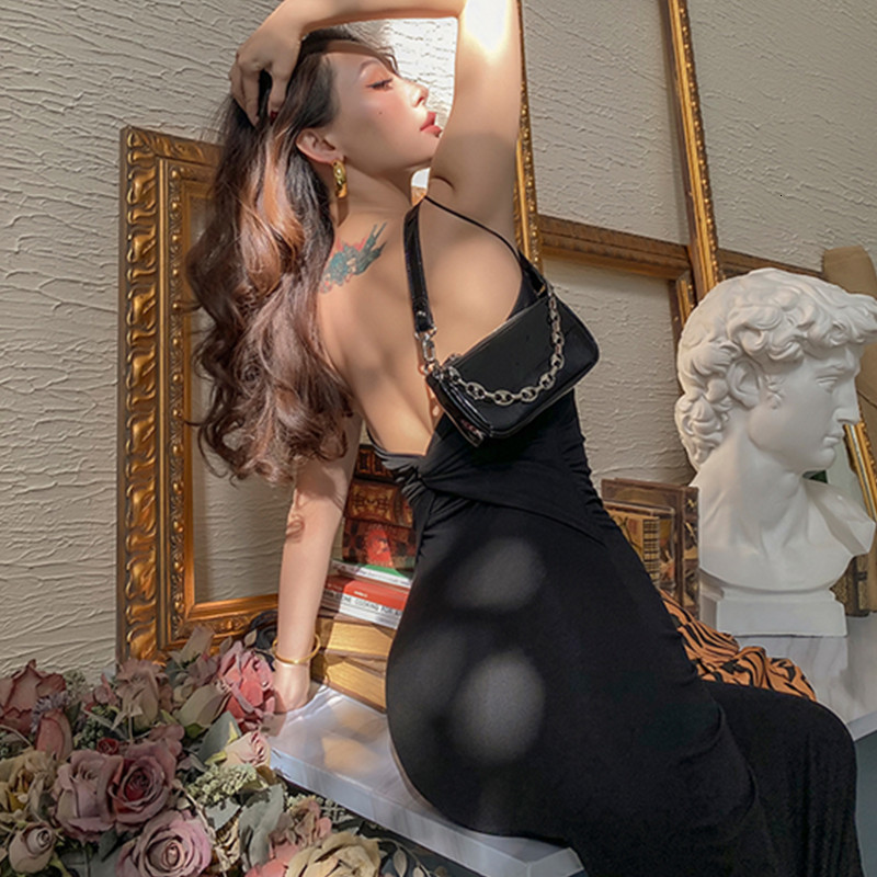 

New All-match Skinny 2-color Fashion Long Stylish Sexy Without Back Elastic Sleeveless Women' Dress Spaghetti Straps NGZY, Black.