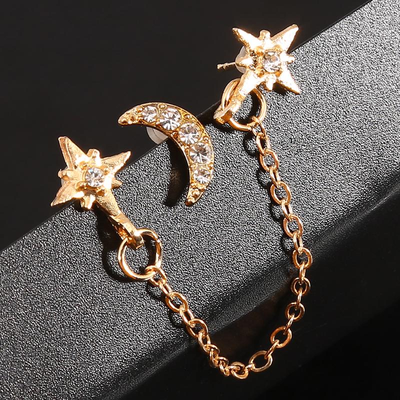 

Rhinestone Moon Star Chain Stud Earrings 3 Piecs Set Ear Holes Gold Colors Women Earring Party Jewelry