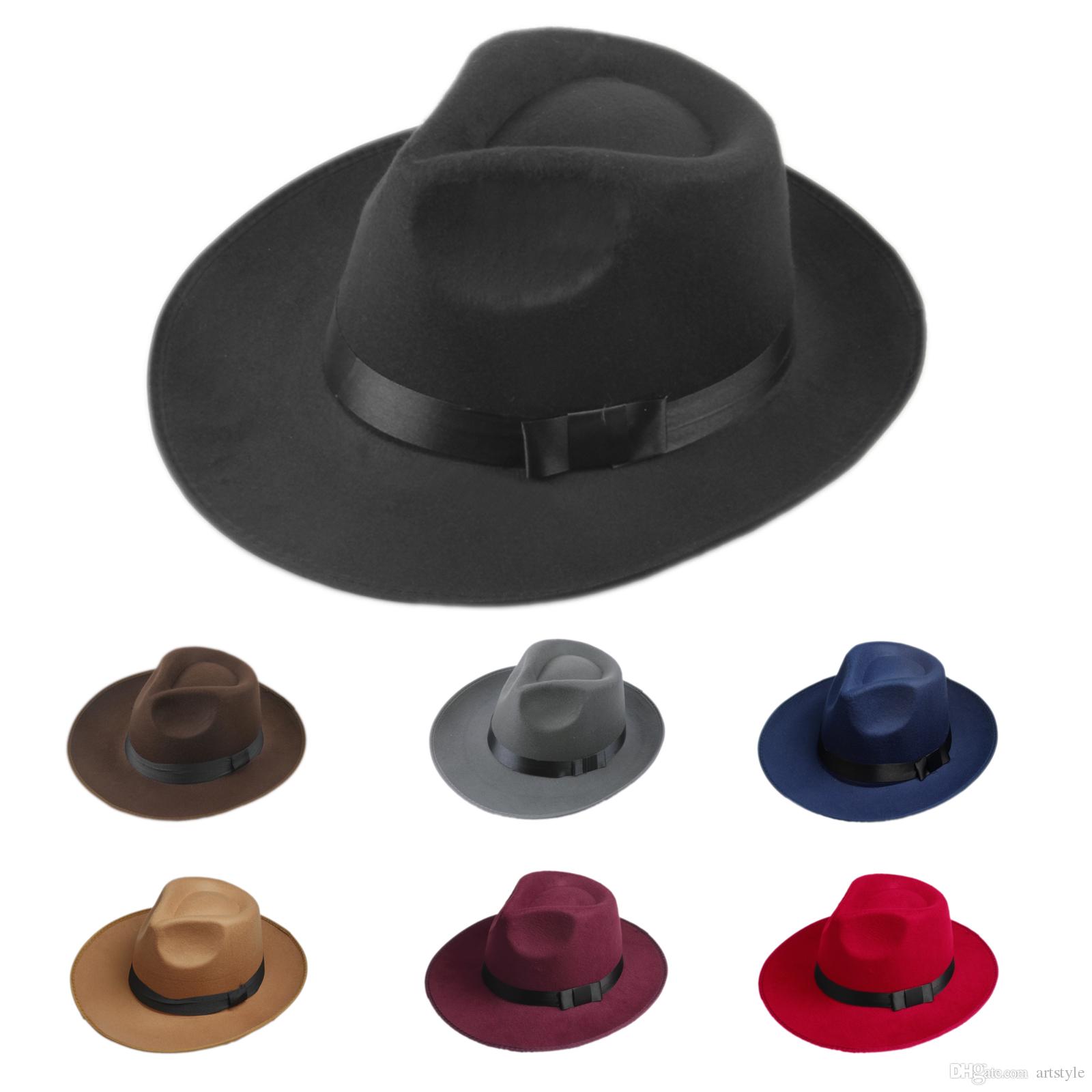 

2021 4646545 Vintage Men Women Hard Felt Hat Wide Brim Fedora Trilby Panama Hat Gangster Cap, 8 colors for your choice