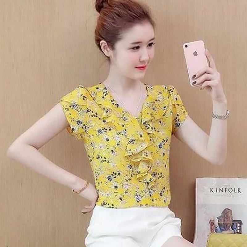 

Women Spring Summer Style Chiffon Blouses Shirts Lady Brand Casual Short Ruffles Sleeve O-Neck Flower Printed Blusas Tops DF3729, Green