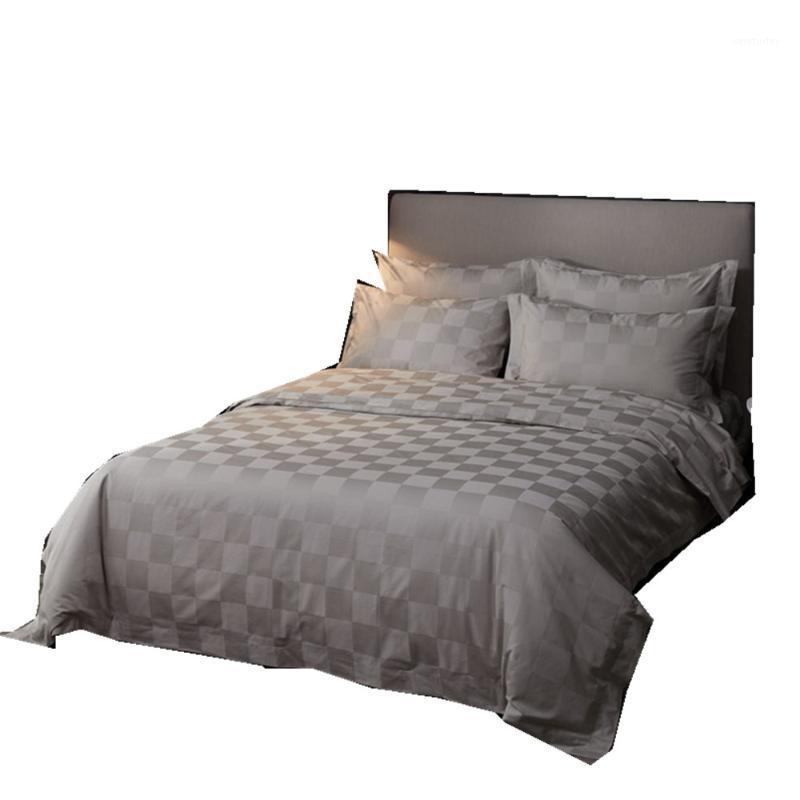 

4pcs Luxury hotel bed linen Double Queen King size bed sheets Egyptian Cotton grey bedding set checks jacquard covers Sateen1, 9th grey