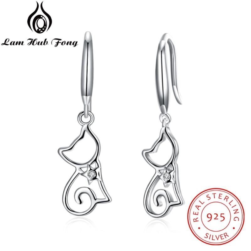 

Genuine 925 Sterling Silver Hollow Out Cute Cat Drop Earrings S925 Silver Zircon Cat Earrings For Women Jewelry (Lam Hub Fong