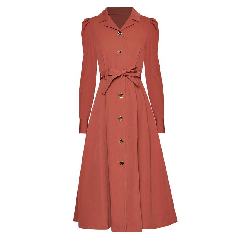 

Women Office Wear Brick Red / Brown Coffe Notched Collar High Shoulders Long Sleeved Sash Belt Buttons Midi Trench Dress