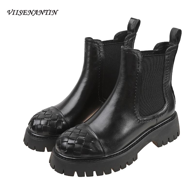 

Autumn Winter New Round Toe Thick-soled Woven Black Single Plus Velvet Thin Velvet Elastic Band British Women's Boots Trend