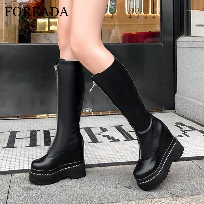 

FOREADA Super High Heel Woman Boots Real Leather Knee High Boots Height Increasing Heel Shoes Zip Platform Female Long 411, White velvet lining