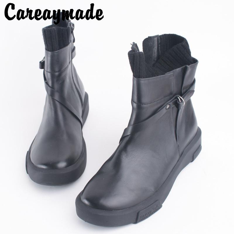 

Careaymade-Handmade Women's Shoes,100% Genuine Leather Cotton Shoes, RETRO Art Style Knight Black Warm Boots