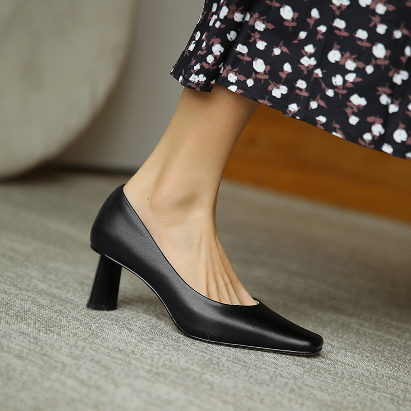 

2020 Bombs Time European-style Simple High-toe Toe Square Foot Strange Heels Woman Genuine Leather Only Female Wild Shoes D8bo, Black