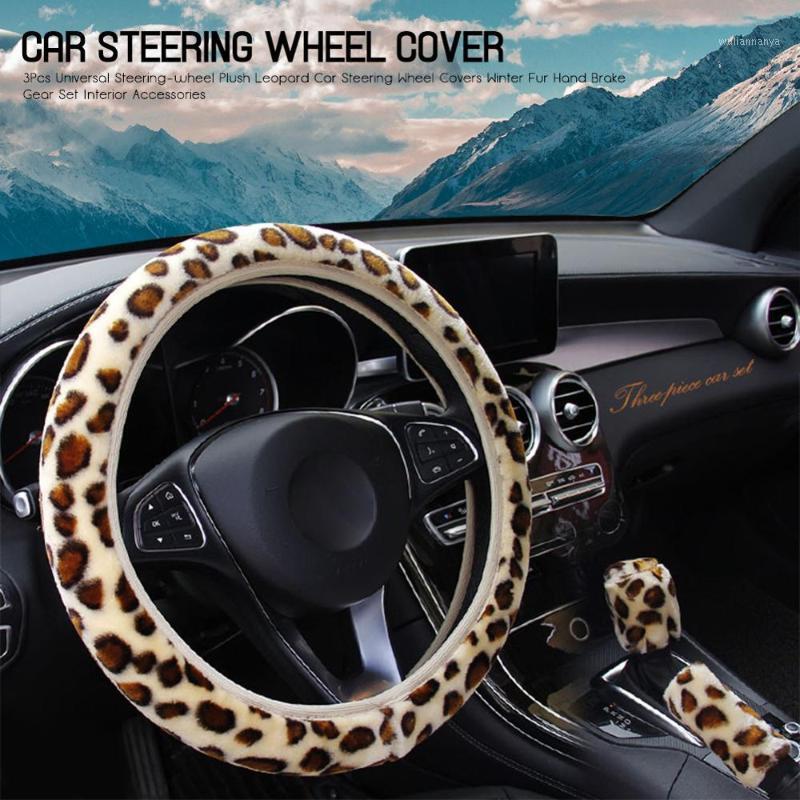 

Steering Wheel Covers 3Pc Universal Steering-wheel Plush Leopard Car Winter Hand Brake Gear Cover Set Interior Accessory