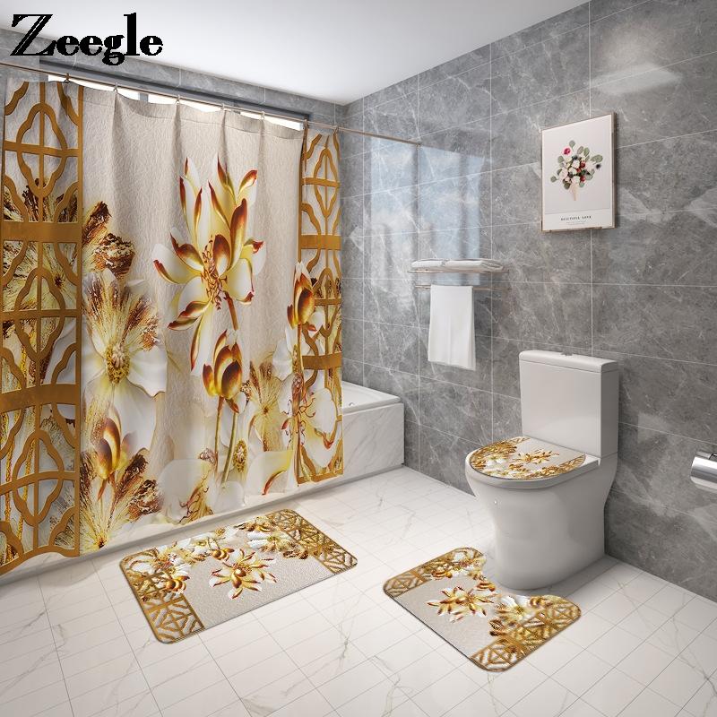 

Floral Bath Mat and Shower Curtain Set Flannel Toilet Seat Cover Mat Bathroom Carpet Non-slip BAthroom Floor