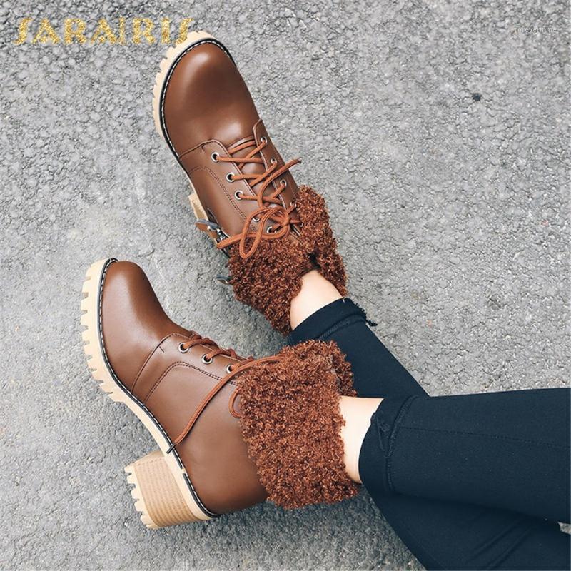 

Sarairis 2020 New Fashion Big Size 43 Thick Heels Ankle Boots Woman Shoes Lace Up Add Fur Warm Winter Boots Lady Footwear1, Beige