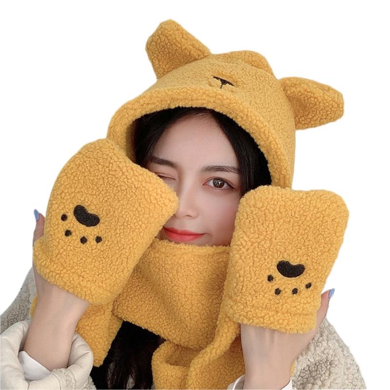 

Women Winter 3 In 1 Fuzzy Plush Warm Cute Bear Ears Hooded Scarf Hat Gloves Set X5XA, Bk