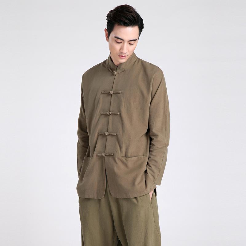 

Summer New Green Chinese Traditional Men's Mandarin Collar Solid Linen Long Sleeve Kung-Fu Shirt Coat  L XL XXL XXXL 2601, Beige