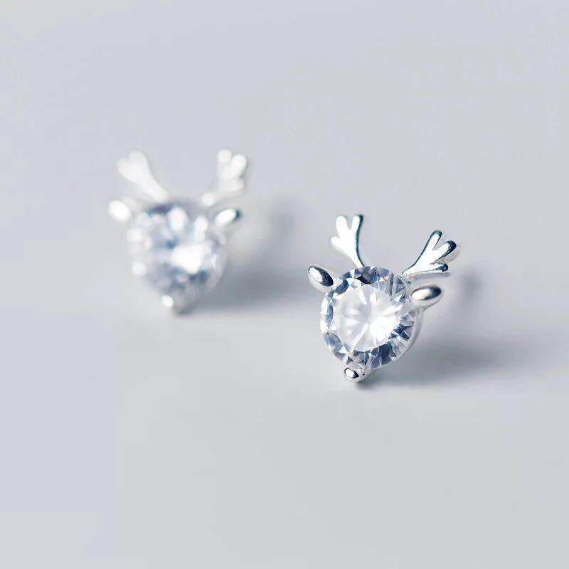 

Stud RongXing Cute Deer White/Pink/Blue Crystal Zircon Earrings For Women Silver Color CZ Female Christmas Jewelry