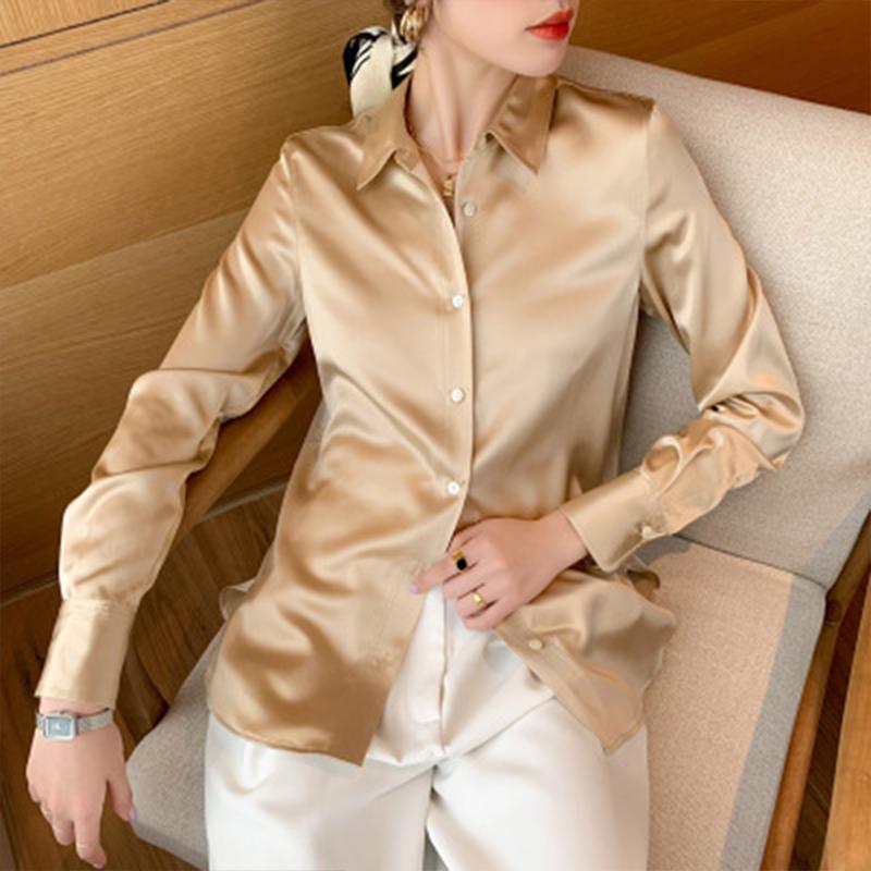 

Heavy silk shirt Women Blouse Basic color 22mm female long-sleeved silk top high-end shirt new, Color 1