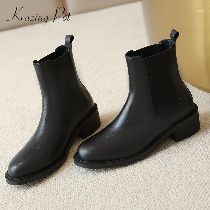 

Krazing Pot stretch boots natural leather classic colors all-match thick med heel round toe slip on beauty lady ankle boots L531, Black