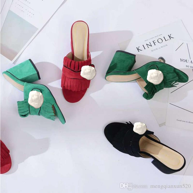 

Fashion-Classic woman Sandals Lady Summer Sandals Metal buckle Leather Women shoes sexy high heeled shoes Coarse heel Half slippers, Red + suede
