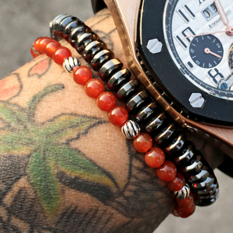 

Beaded New fashion men's 6mm hematite nylon rope woven Red Agate Bracelet