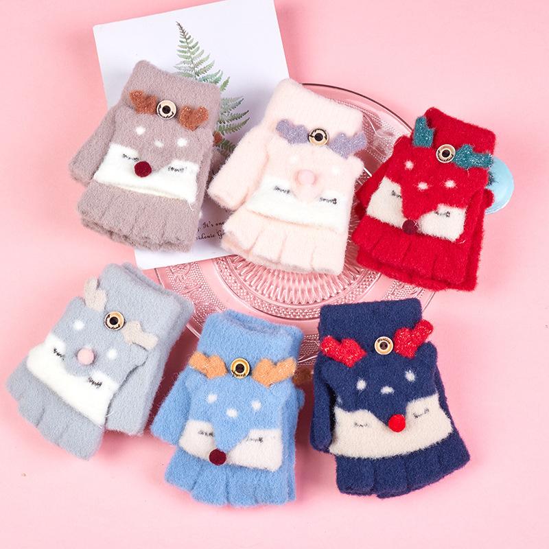 

Cartoon Mittens Kids Knitted Gloves Half Finger Flip Gloves Winter Soft Warm For 4-9 Years Children Half Finger Flip