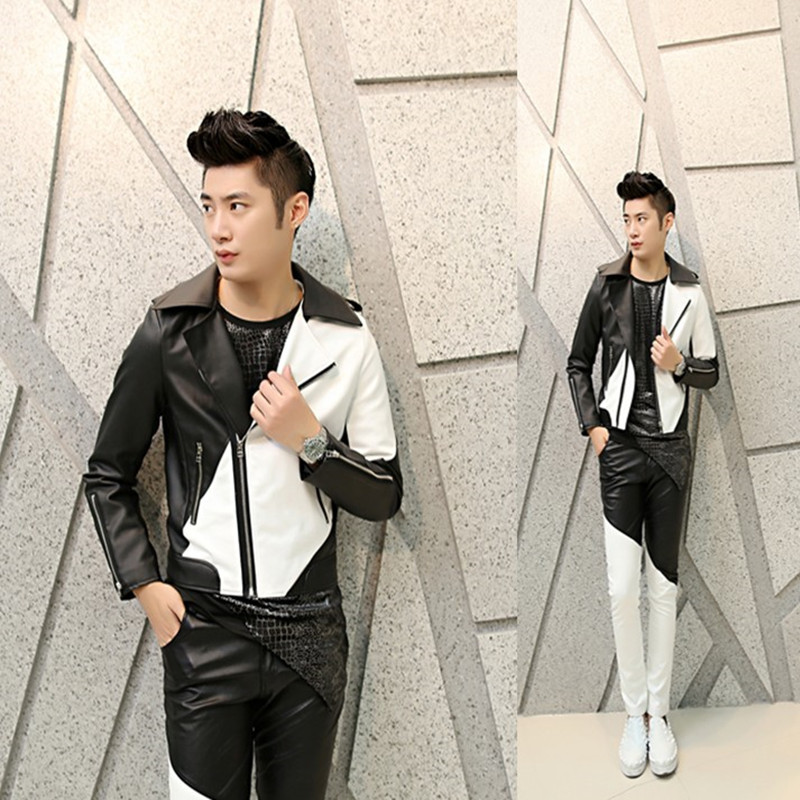 

2021 Men Leather Jacket Black-white Patchwork Attire From Nightclub Stage Autumn and Jackets of the Hip-hop Men's Short 2c58, Asian size