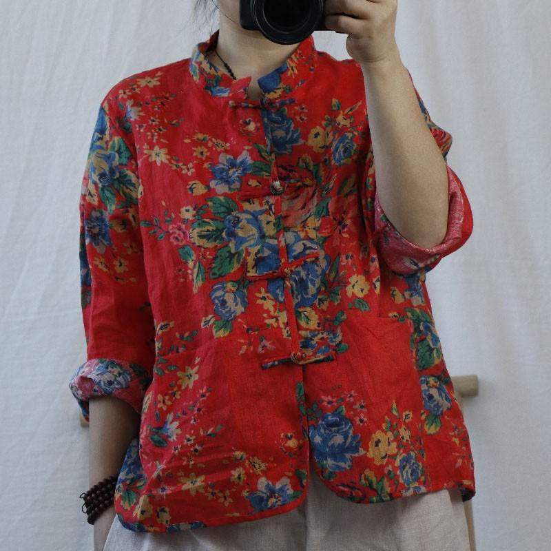 

Johnature 2020 Autumn New Retro Style Print Stand Plate Buckle Nine Quarter Sleeve Shirt Cotton Linen Comfortable Women Tops, Beige