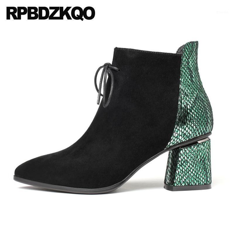 

women suede high heel winter sheepskin front lace up casual ankle boots autumn 2020 booties chunky pointed toe big size shoes1, Black