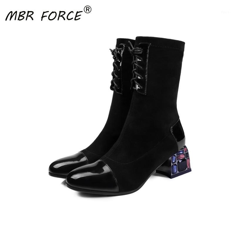 

MBR FORCE stretch fabric ladies boots new fashion square-toed boots all-match simple and versatile casual exquisite heel black1, Black