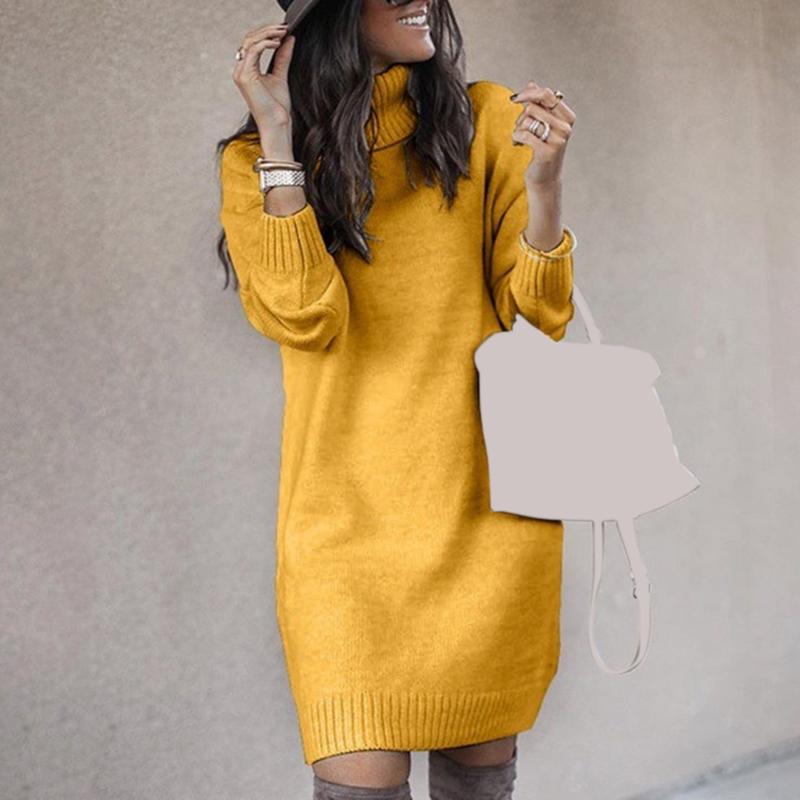 

Turtleneck Long Sleeve Sweater Dress Women Autumn Winter Loose Tunic Knitted Pullovers Sweater Female Casual Solid Knit Dresses, White