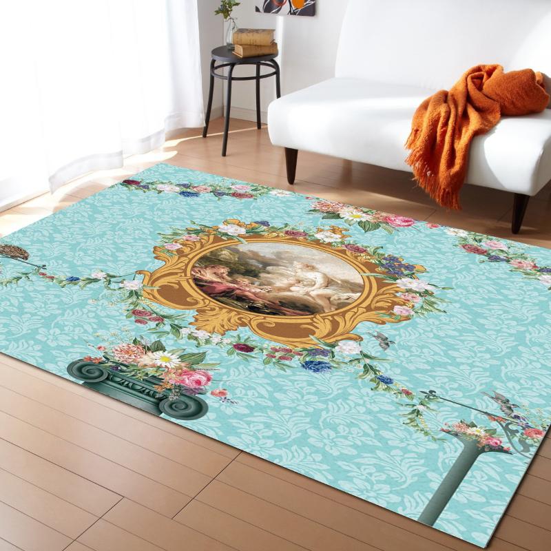 

Vintage European Flowers Blue Carpet Bedroom Room Bedside Blanket Rug for Living Room Cloakroom Carpet Bedroom Decor, As pic