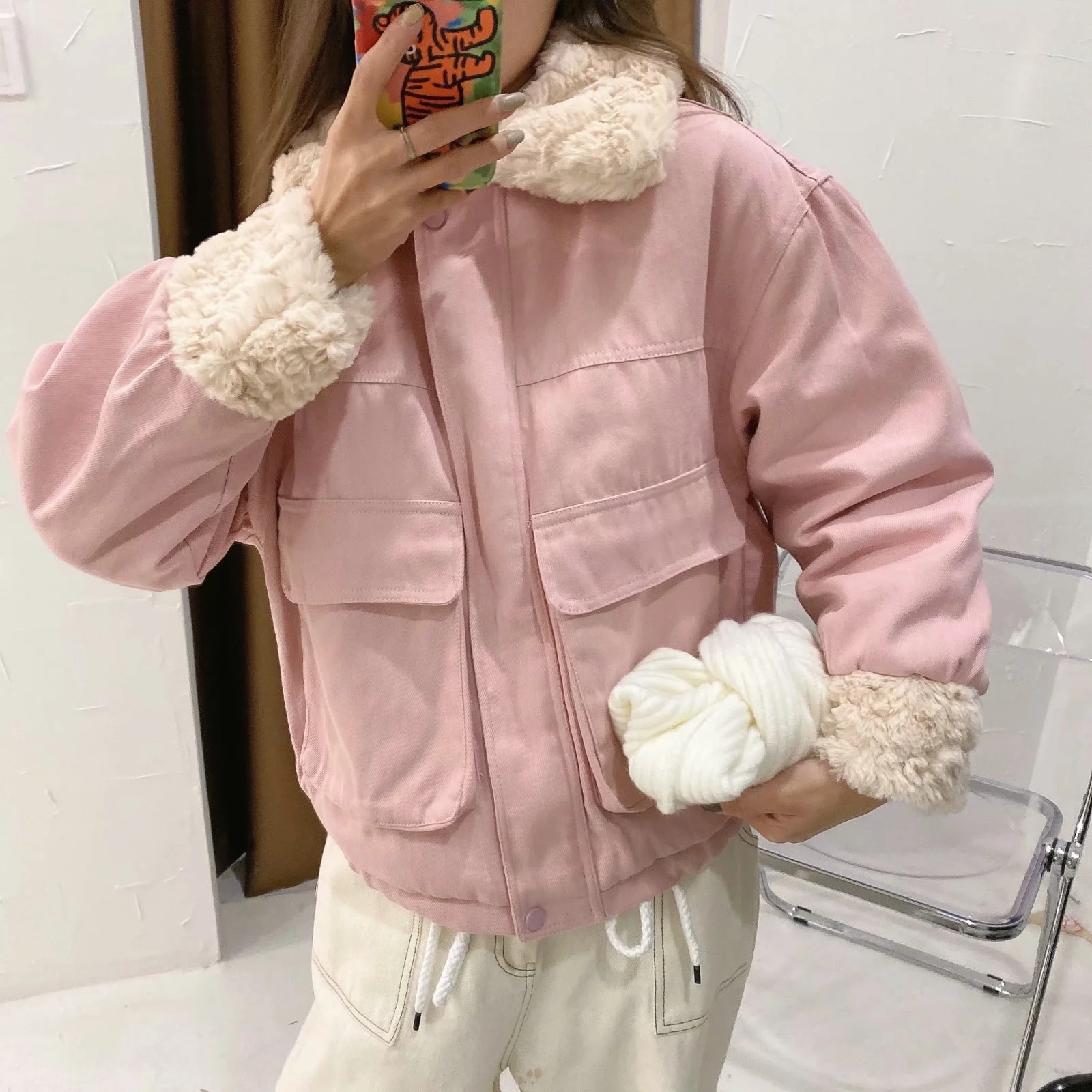 

2021 New European American Leisure Big Pocket Winter Fashion Splicing Loose and Thin Lamb Wool Coat Cotton Padded Jacket 1ond, Pink