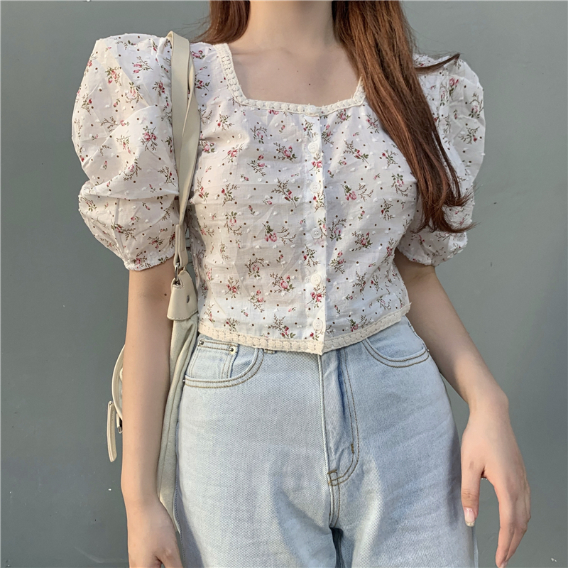 

2021 New Femme womens tops summer Korean style square floral neck blow short sleeve women's blouses (r98254) 7X3Y, White