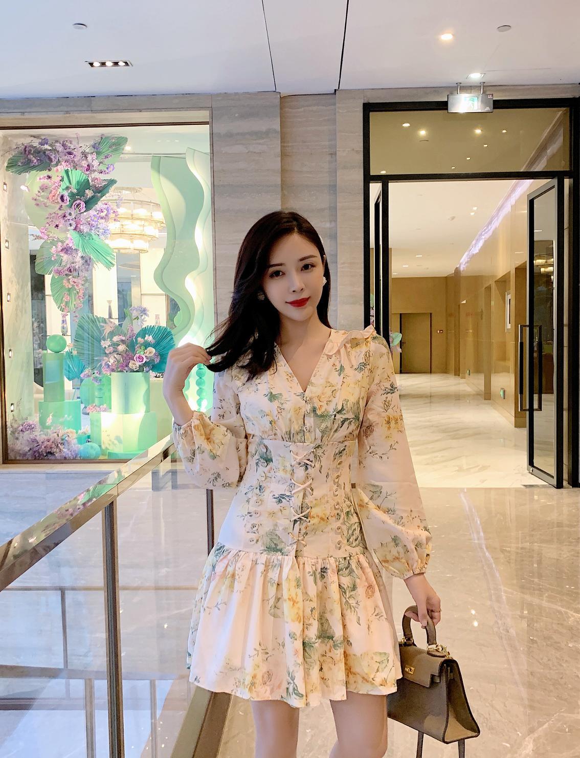 

2021 New Fashion Elegant Long Sleeves Women v Neck Slim Vintage Princess Mini X7c8, Multi