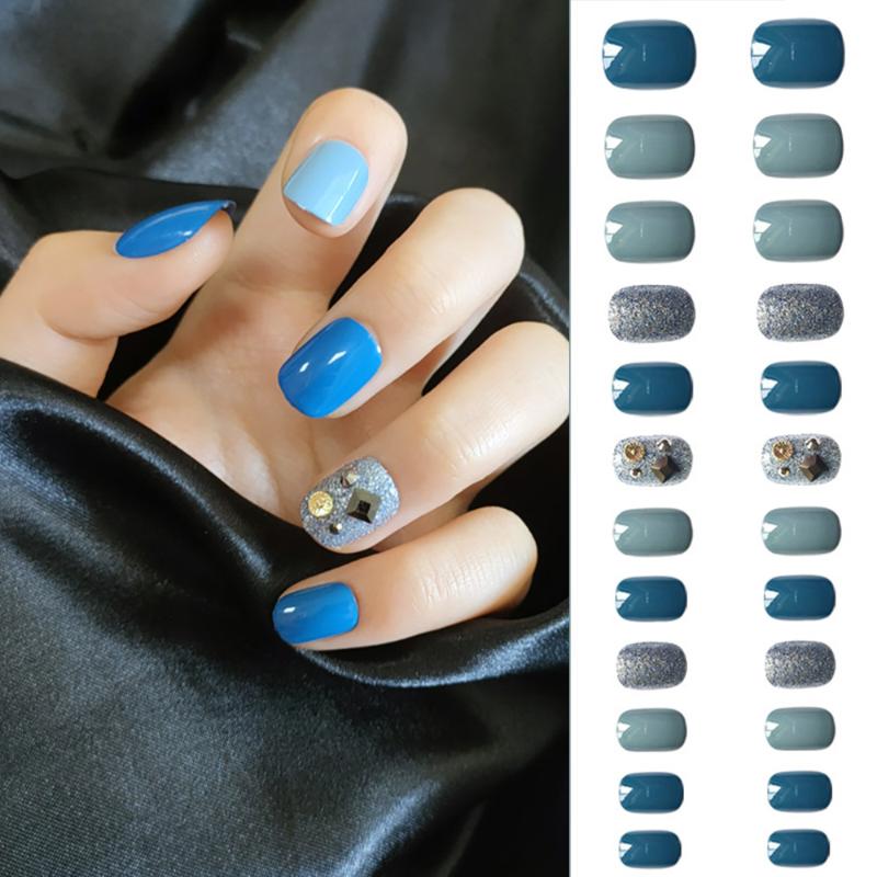 

24Pcs/box Glitter Fake Nails Haze Blue Full Cover Detachable Short Press On False Nails Ballerina Nail Art DIY Manicure Tool, 03
