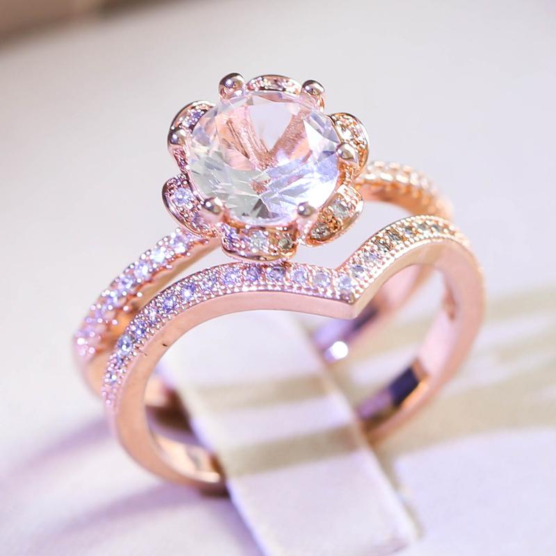 

2Pcs Luxury Pink Color Large Zircon Flower Shape Fashion Ring Exquisitely Carved retro Ladies Copper Wedding / prom Jewelry D166