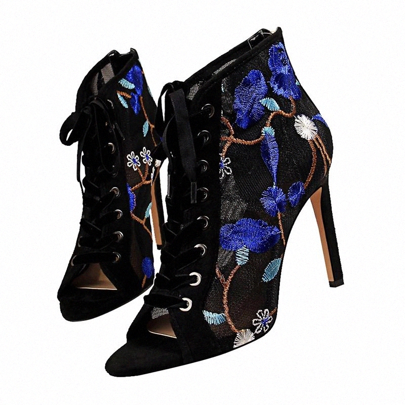 

2020 Women Fetish Stripper Sandals Ankle Boots 10.5cm High Heels Lace Up Prom Cross Tie Peep Toe Embroider Summer Blue Shoes #Xl4N, Black