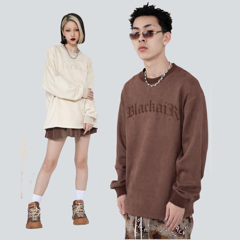 

Men's Hoodies & Sweatshirts Retro Distressed Faux Deerskin Velvet Embroidery Long Sleeve Pullover Sweatshirt For Men Women Streetwear Hip Ho, Black