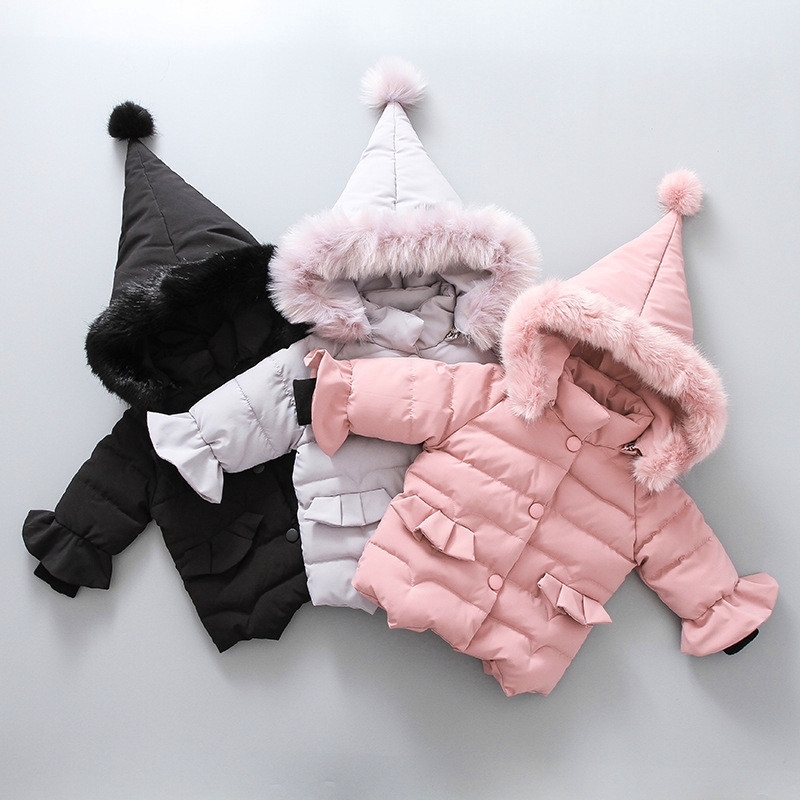

Baby Girls Jacket Kids Girls Fashion Coats Warm Solid Fur Collar Hoodie Winter Girl Clothes Infant Clothing Children's Jackets 201104, Pink