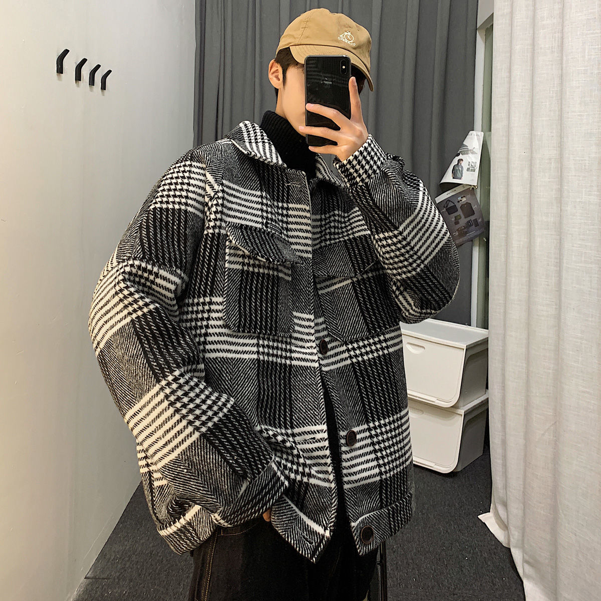 

2021 New Privathinker Plaid Woolen Overcoat Streetwear Men Casual Windbreaker Coats Autumn New Men's Harajuku Outerwear 13S9, Coffee