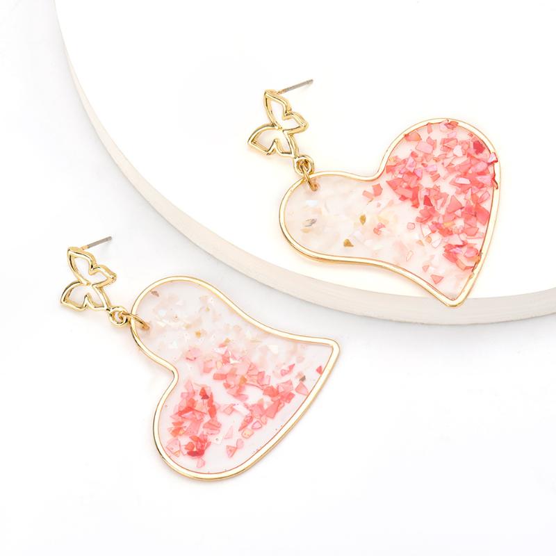 

European American Creative Design Sense Heart-Shaped Resin Inlaid Color Sequins Alloy Covered Butterfly Dangle Earrings